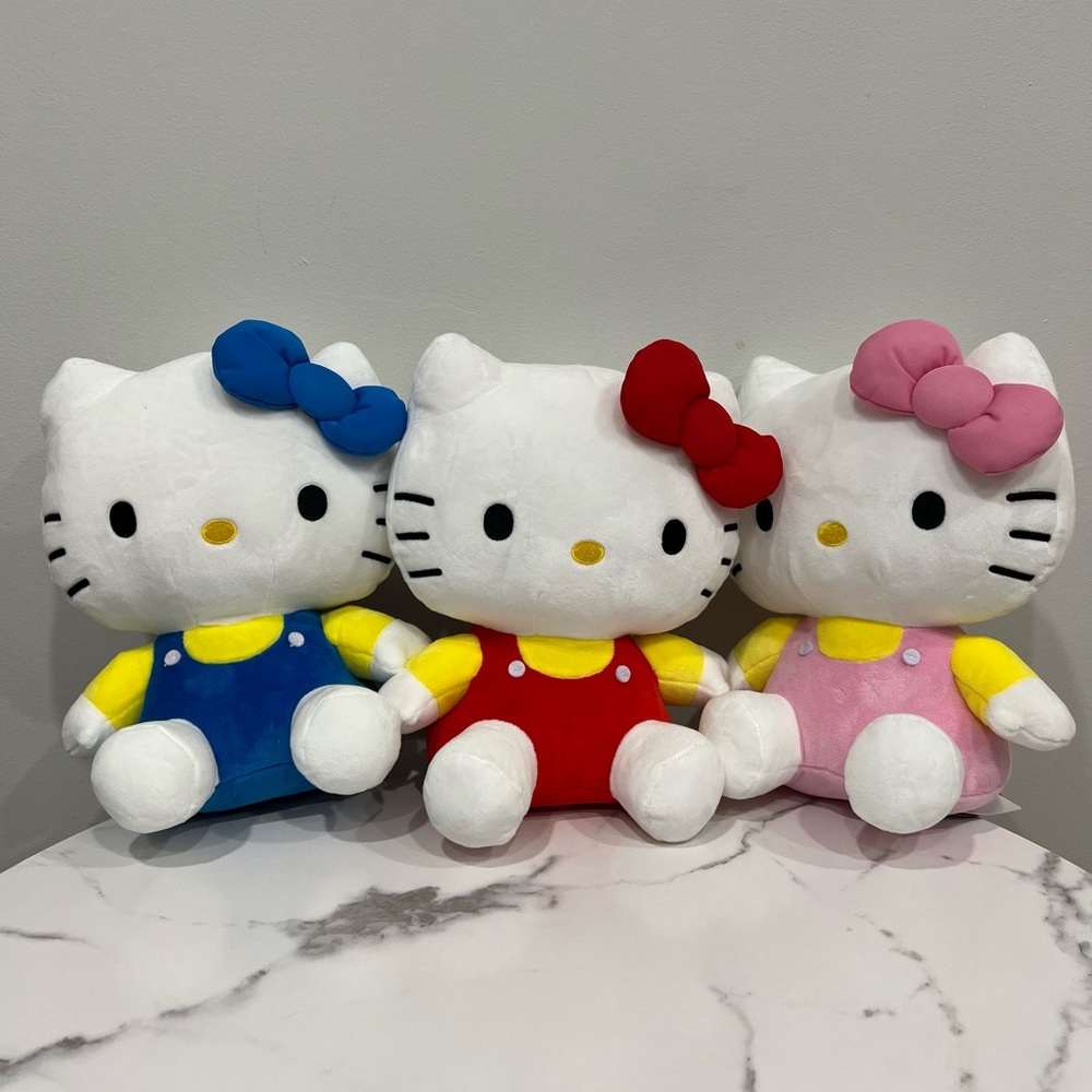 Sanrio: Hello Kitty triplet (Blue,Red,Pink) in outfit Plushes 9" NWT